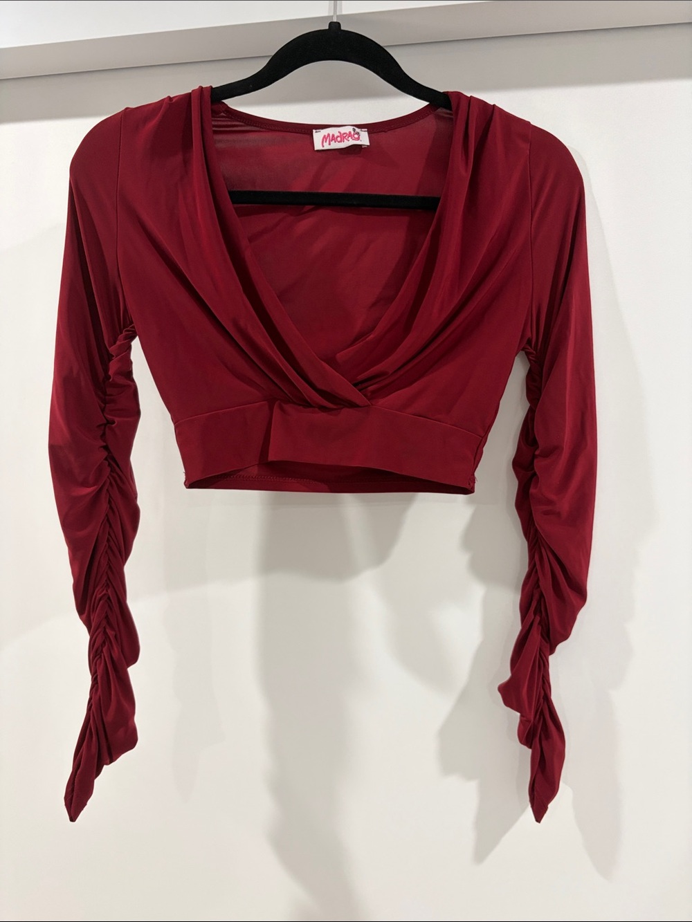 Madrag Wine Red Ruched Long-Sleeve Cropped Top